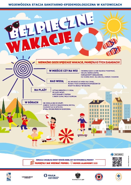 Plakat kolorowy z informacjami o bezpiecznych wakacjach