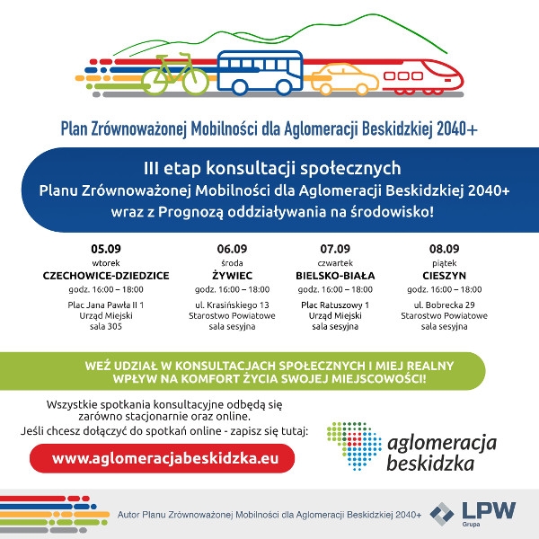 Baner informacyjny dotyczący konsultacji społecznych dla Aglomeracji Beskidzkiej