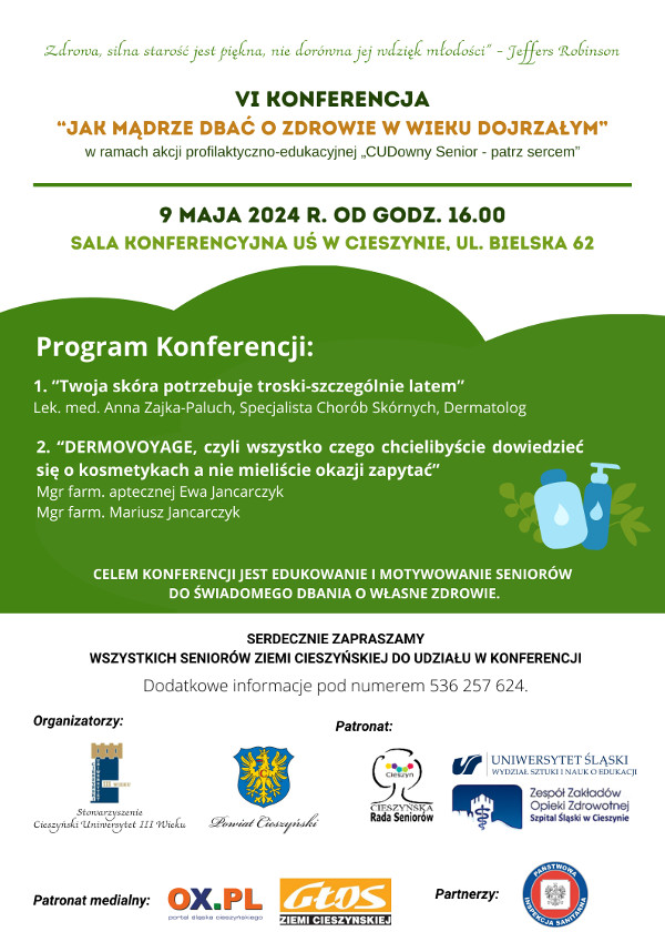 Plakat informacyjny o konferencji dla seniorów w Cieszynie