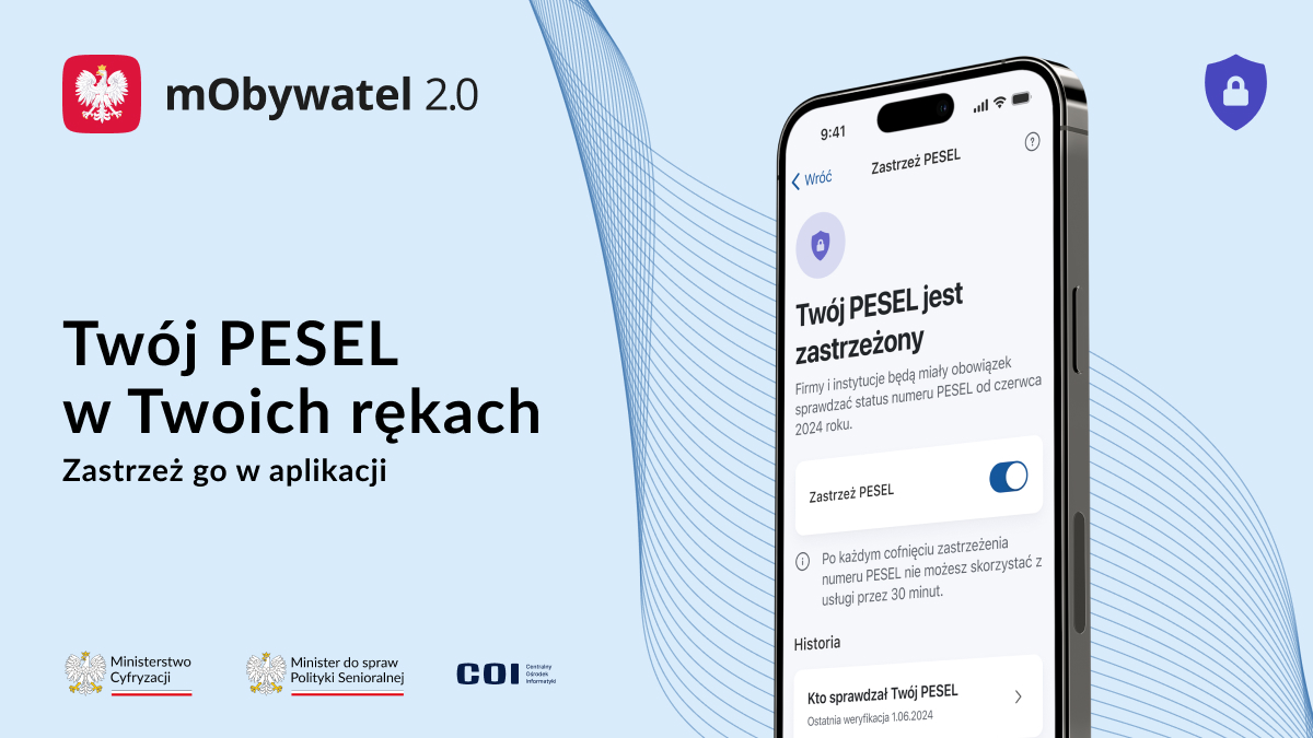 Grafika informacyjna (zdjęcie telefonu z aplikacją mObywatel 2.0, napisy, loga instytucji)