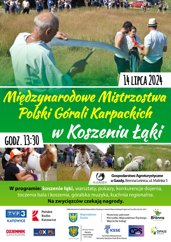 Plakat informacyjny dotyczący Międzynarodowych Mistrzostw Polski w Koszeniu Łąki