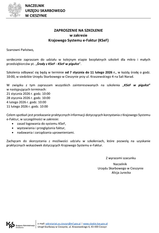 Zaproszenie na szkolenie Krajowego Systemu e-Faktur