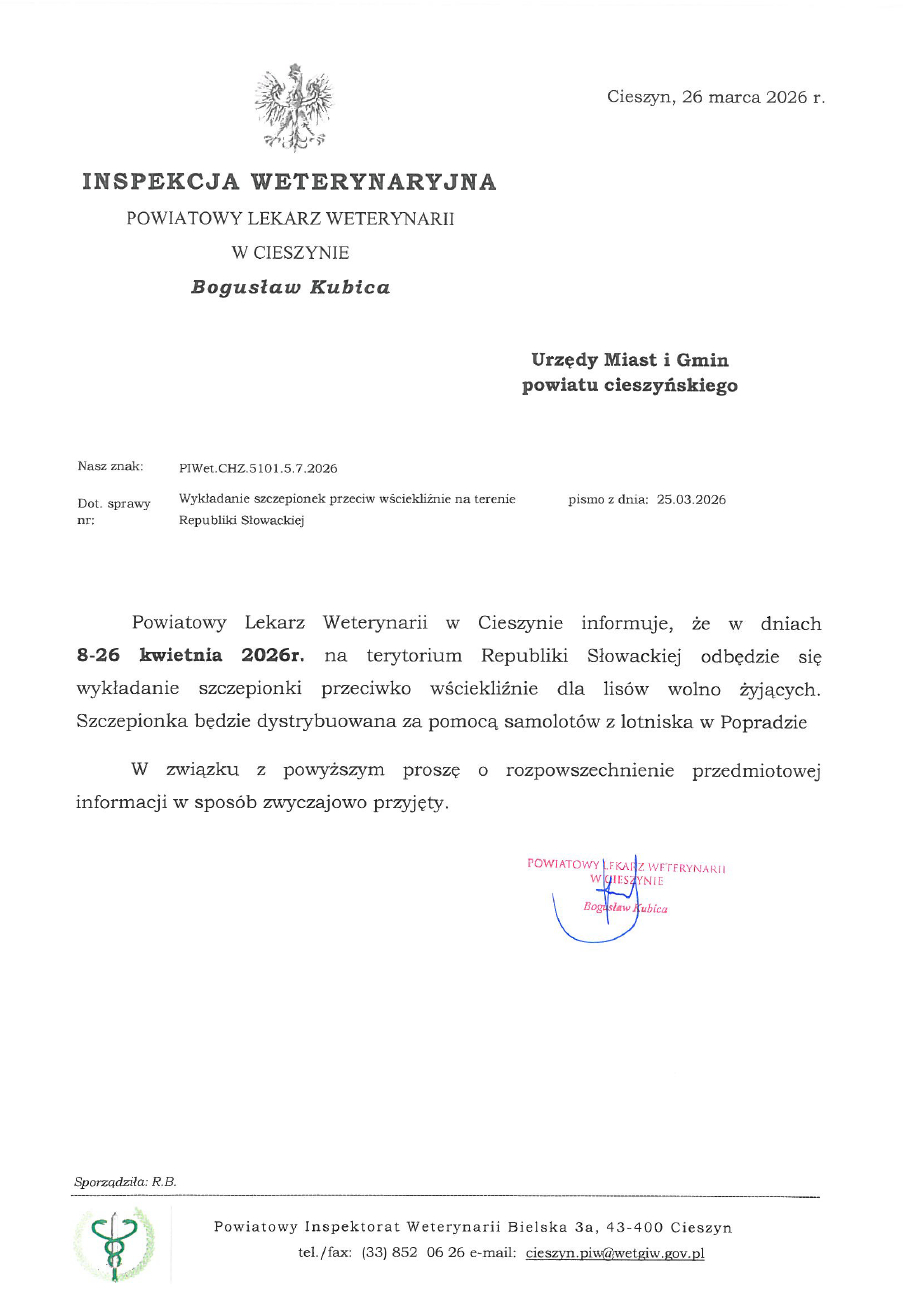 Informacja Powiatowego Lekarza Weterynarii w Cieszynie