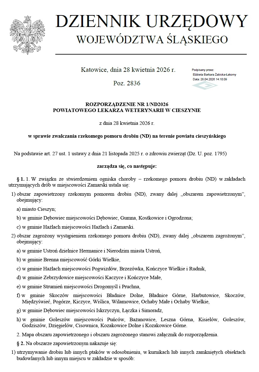 Rozporządzenia Powiatowego Lekarza Weterynarii w Cieszynie