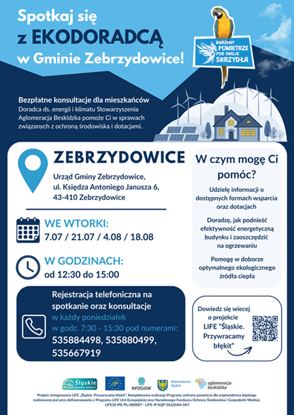 Plakat informacyjny dotyczący spotkań z Ekodoradcą w Gminie Zebrzydowice